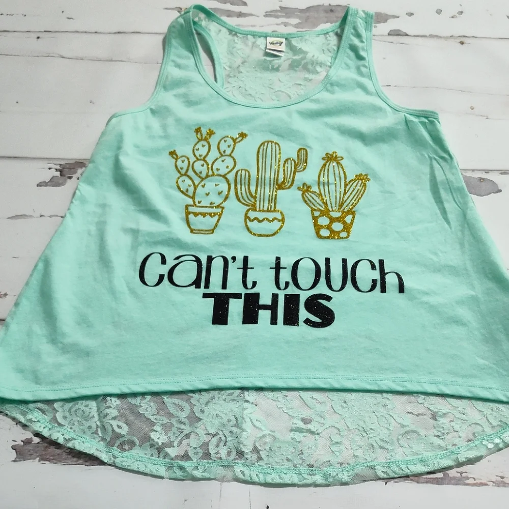 Mint Green Lace Back Tank Top with Cactus Print - Picture 1 of 2